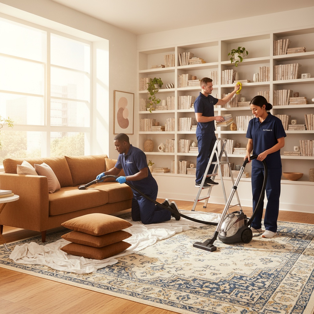 Just Clean It Deep Cleaning – Diverse team, lived-in living room, brown sofa, bookshelf, cushions on floor