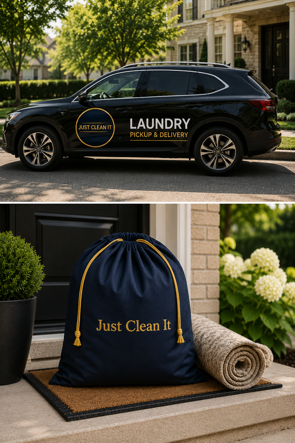 Just Clean It laundry pickup and delivery vehicle and Bag System bag at the door