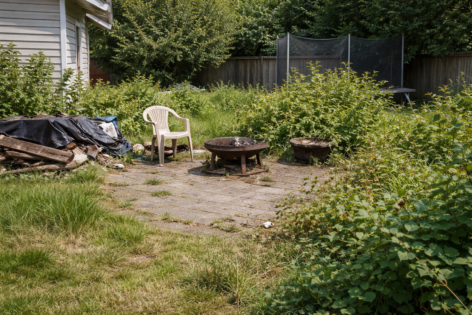 Outdoor property space overgrown and out of control before seasonal property care