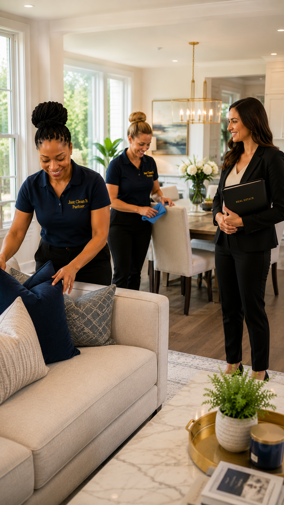 Just Clean It employee-based partners preparing a staged Toronto property with a realtor for photography and open house showings