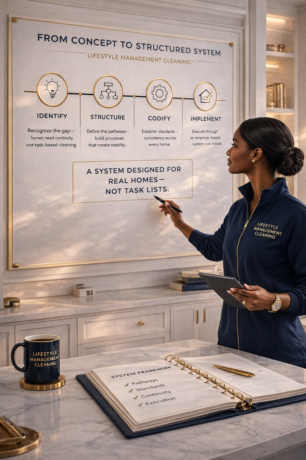 Lifestyle Management Cleaning system development visual showing concept, structure, codification, and implementation