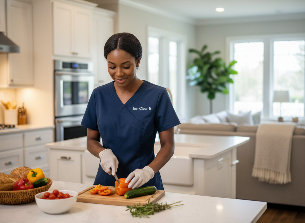 Non-medical household support with light meal preparation in uniform and gloves
