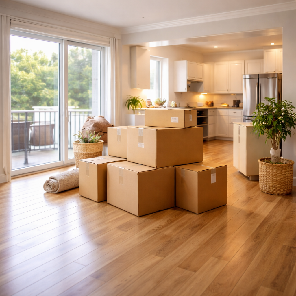 Move-in move-out reset preparation with boxes and staged space