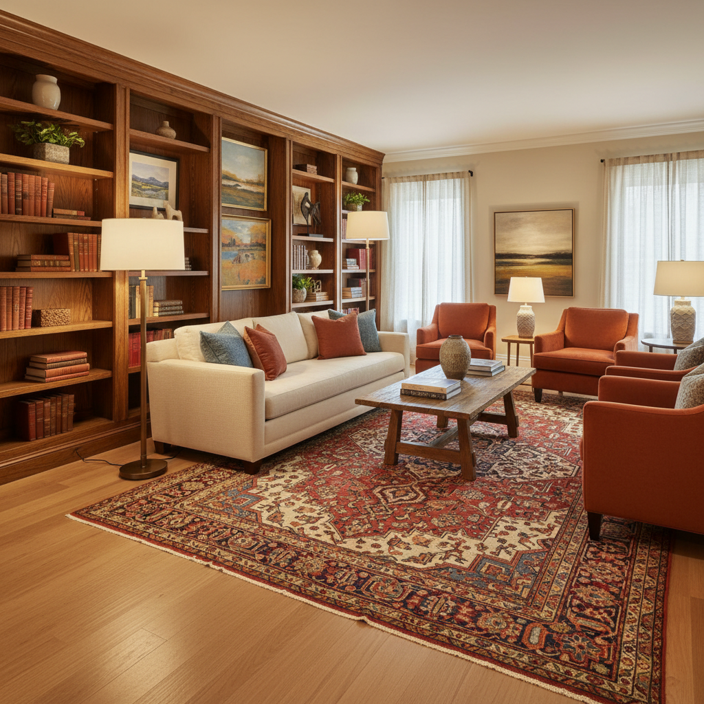 Warm, open-house ready living room with wood floors, shelves, and Persian-style rug after professional cleaning