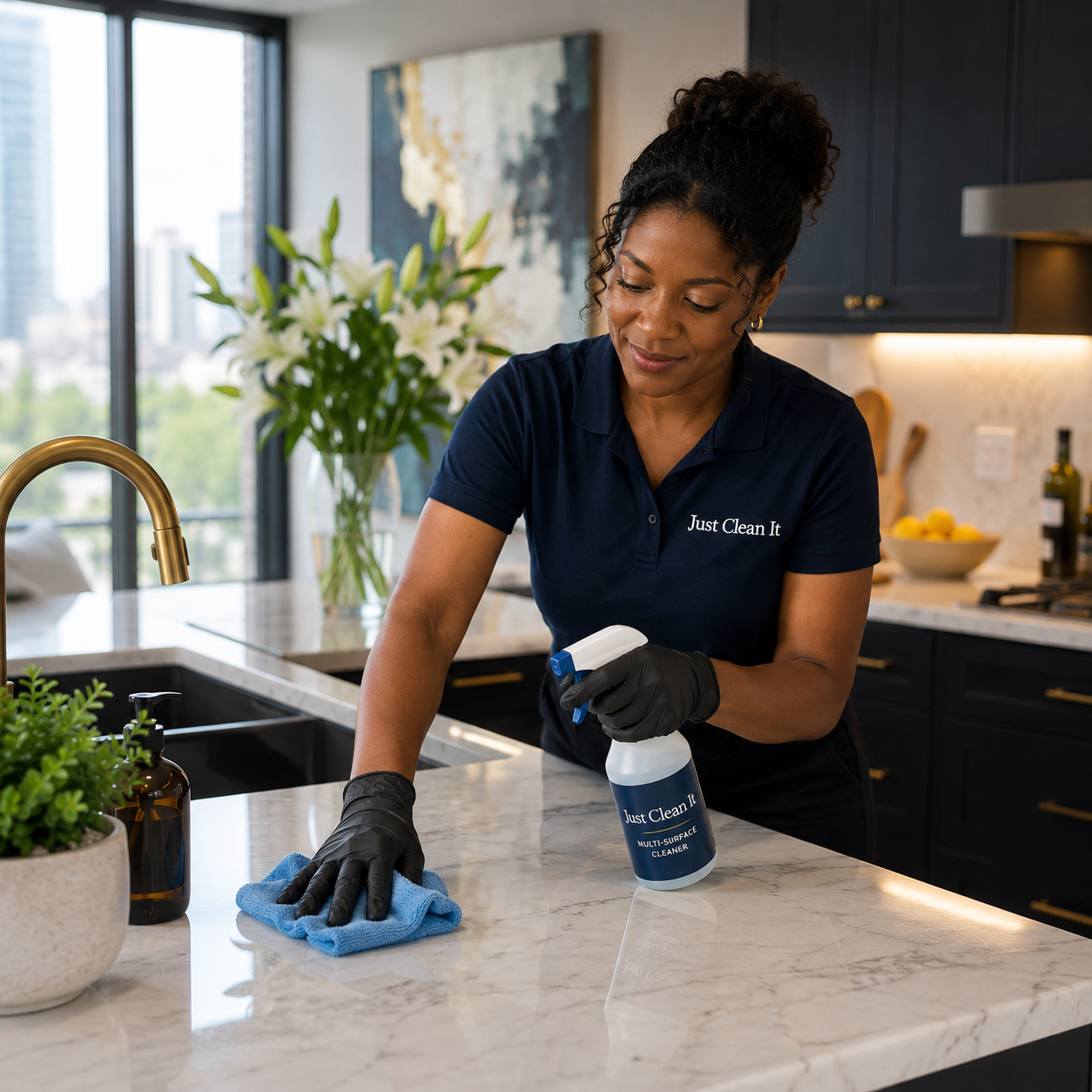 Just Clean It professional cleaning a kitchen surface