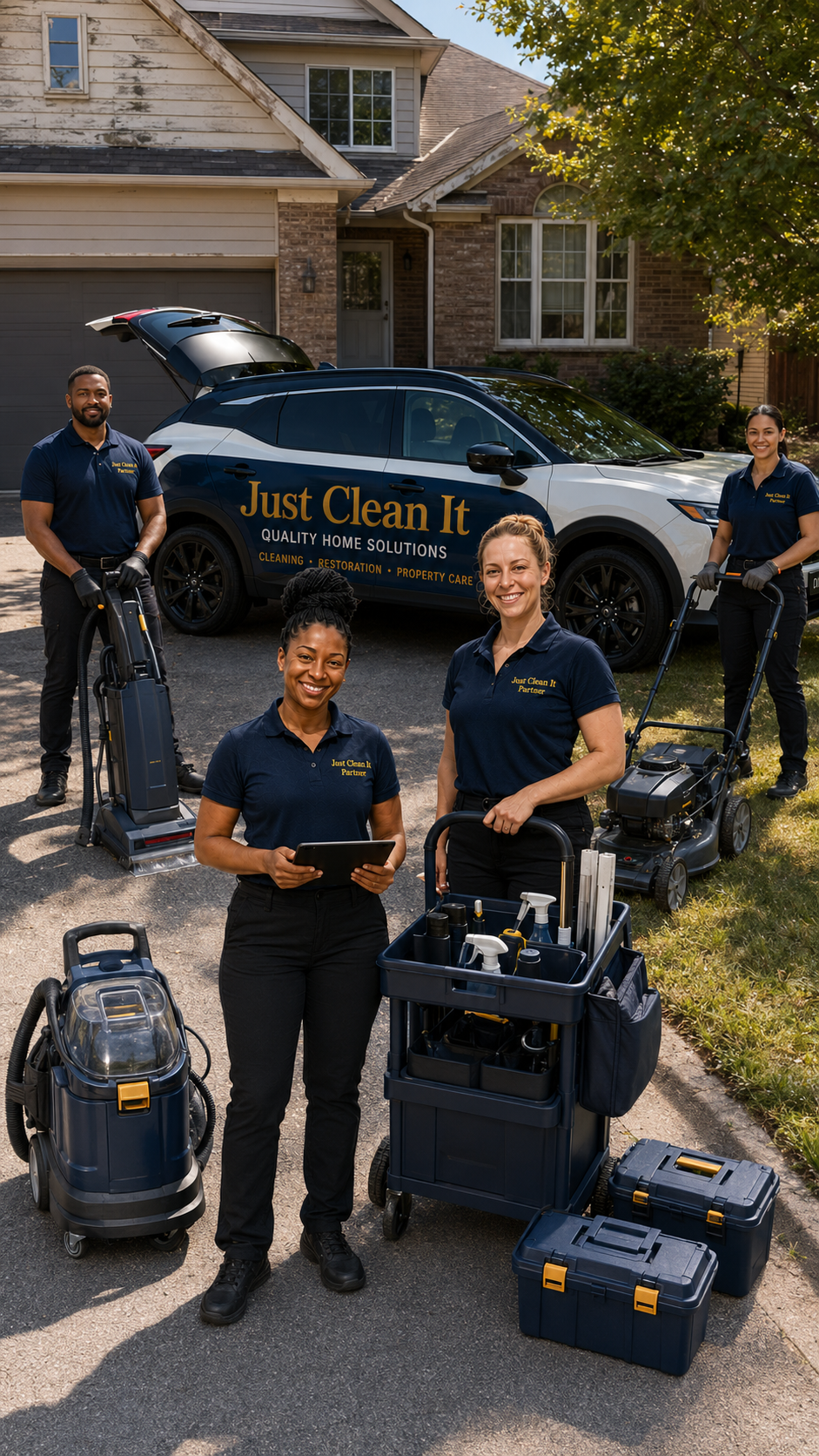 Just Clean It employee-based team equipped for neglected property cleaning, restoration, and exterior property care