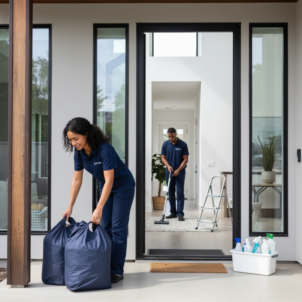 Just Clean It laundry pickup and delivery with professional in navy uniform