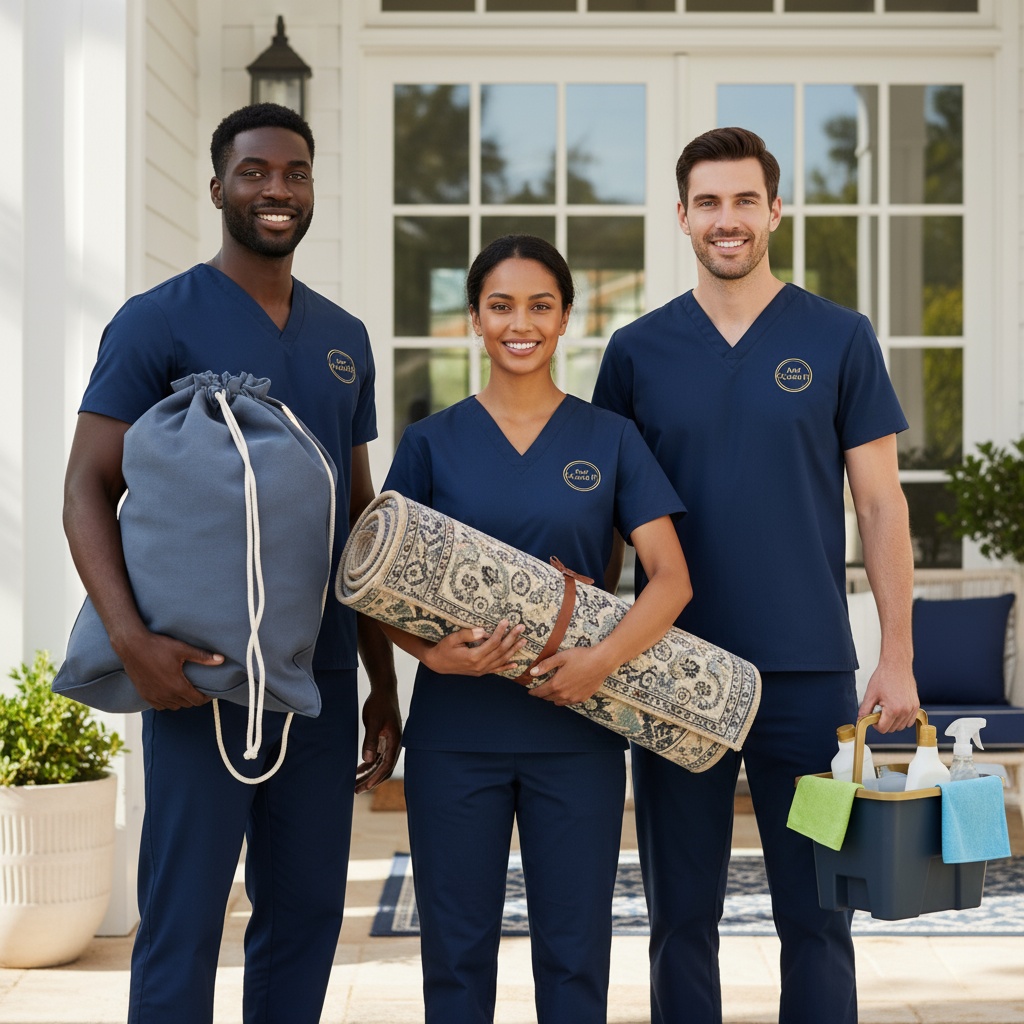 Just Clean It team with laundry bag, rug, and cleaning supplies