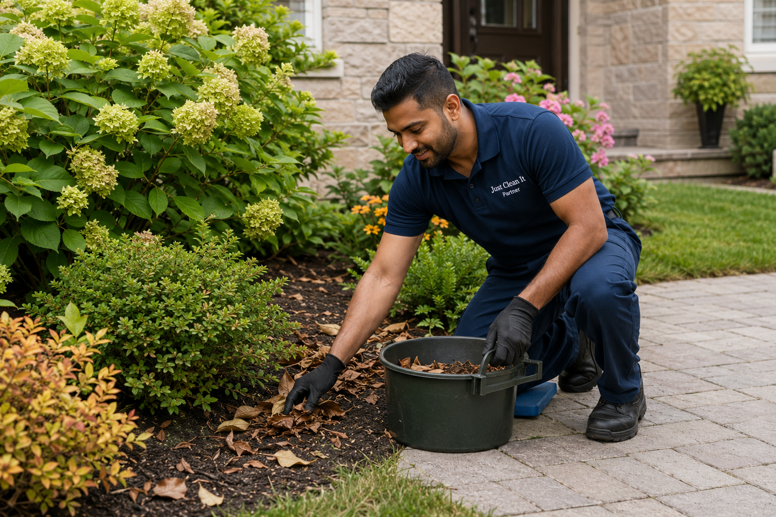 Just Clean It Partner providing light seasonal cleanup around a residential garden bed
