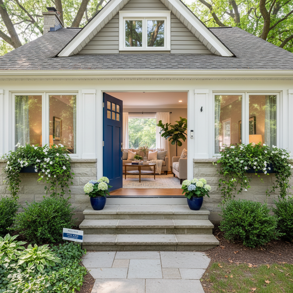 Clean, open-house ready home exterior with inviting porch and glimpse of a warm interior