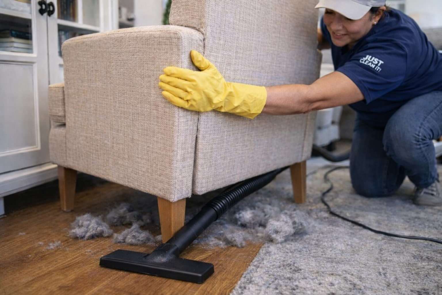 Detailed cleaning behind safely movable household furniture