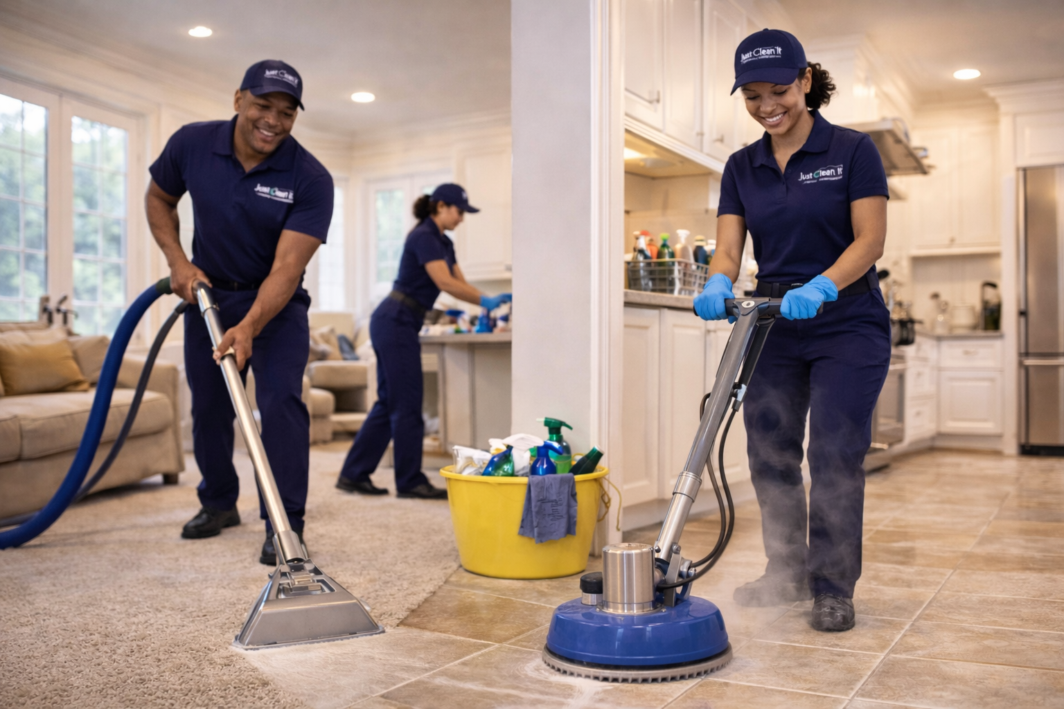 Just Clean It team performing carpet and tile cleaning in a premium home