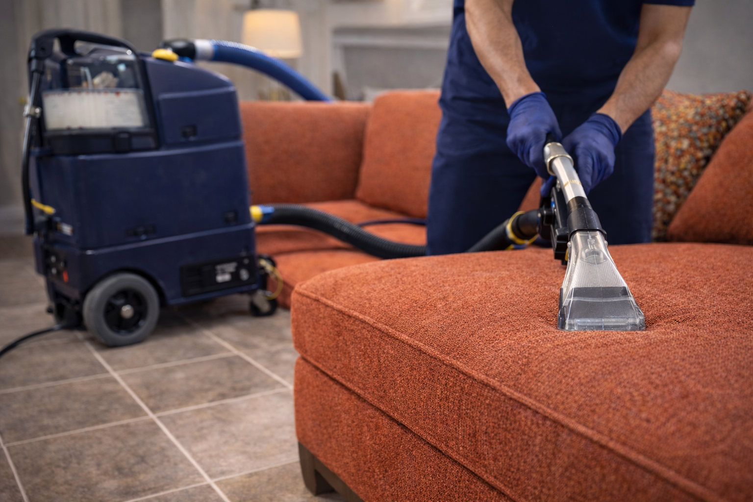Professional upholstery cleaning using extraction equipment on a fabric sofa