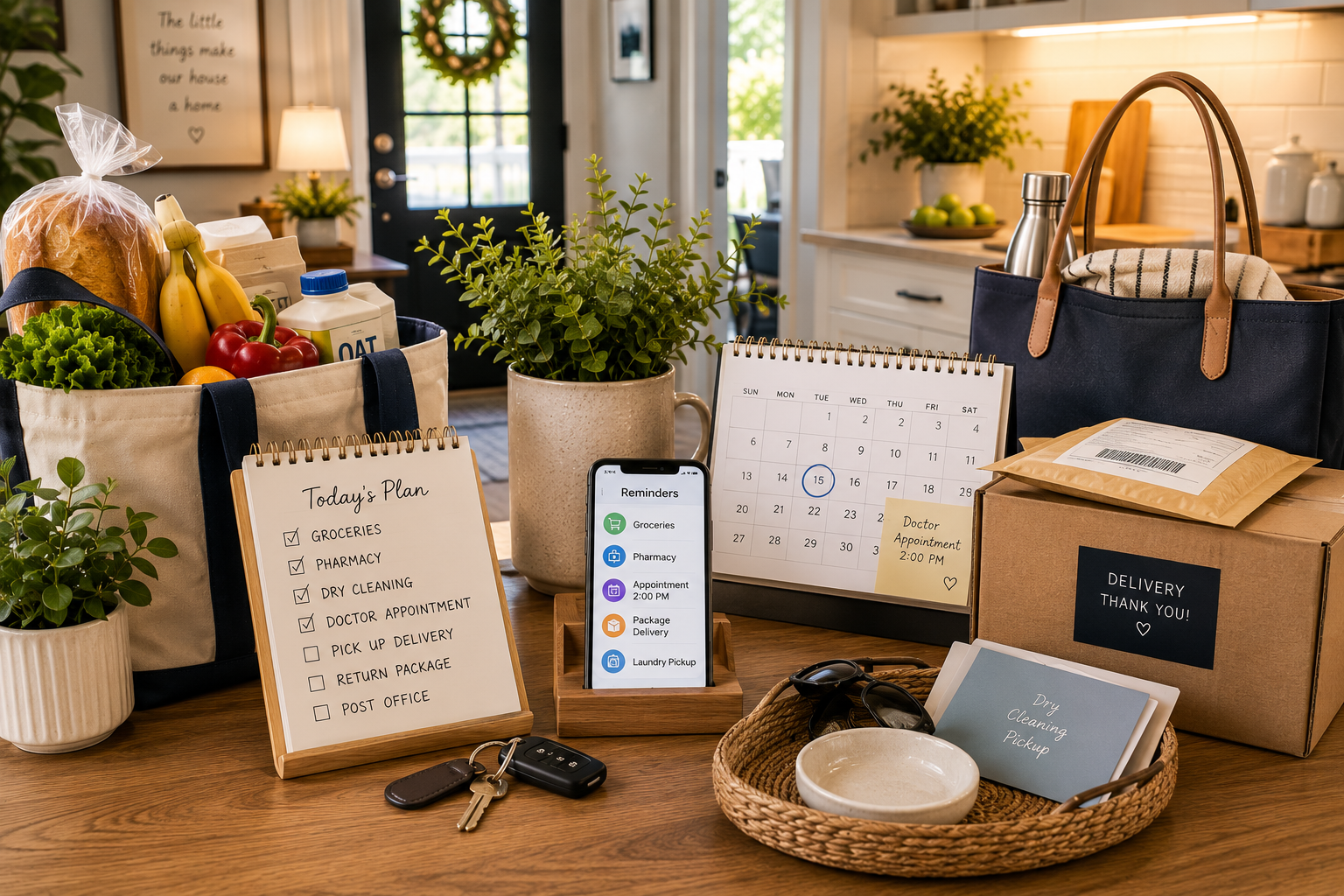 Household logistics including deliveries, groceries, reminders, and scheduling