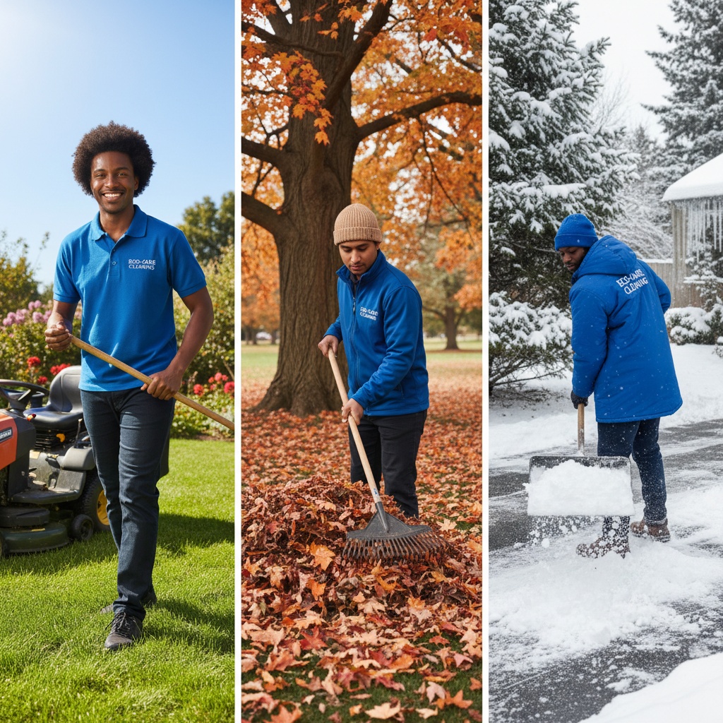 Just Clean It employee-based outdoor seasonal cleaning team in Toronto and Scarborough—lawn mowing, leaf raking, snow shoveling with company uniforms