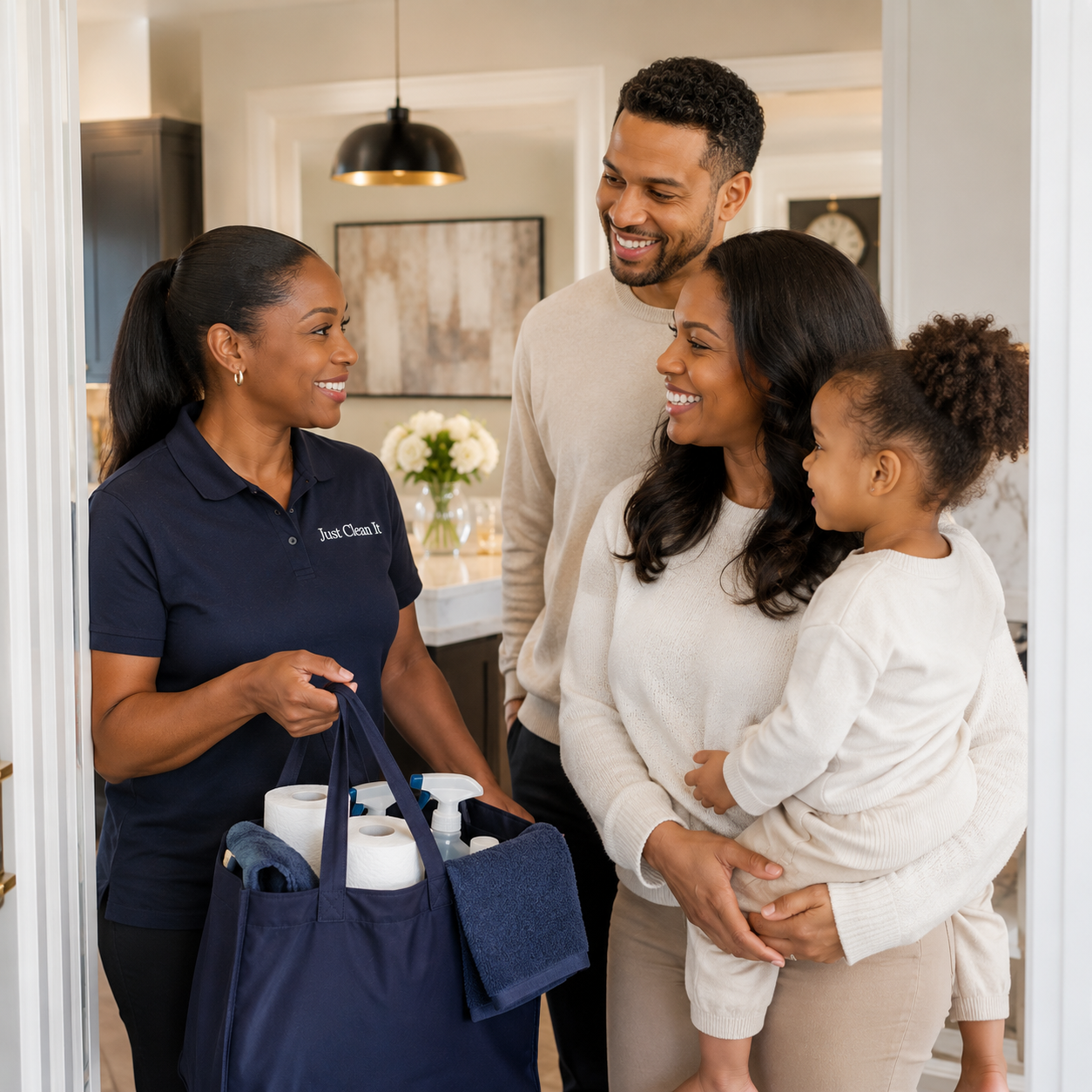Just Clean It team member greeting a family at home