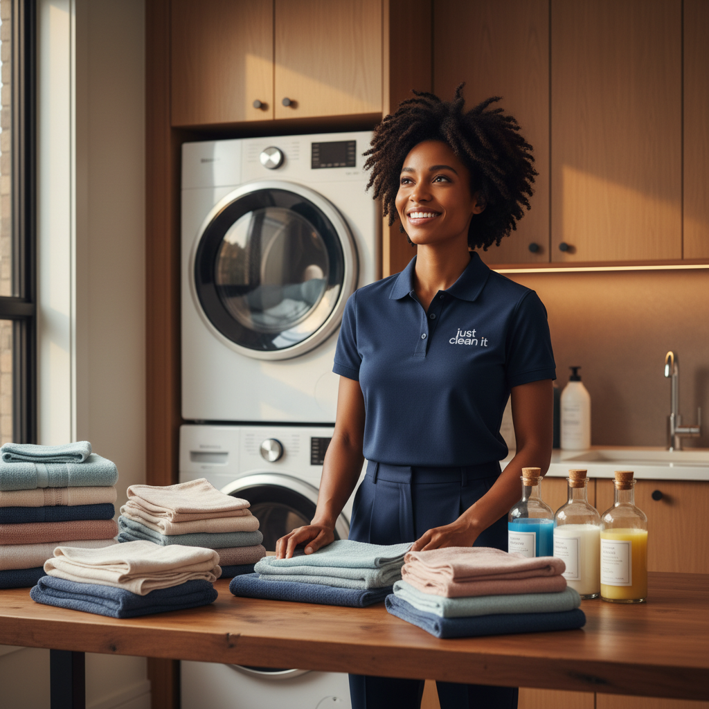 Just Clean It laundry specialist in navy uniform smiling while folding colorful laundry in a warm home laundry room