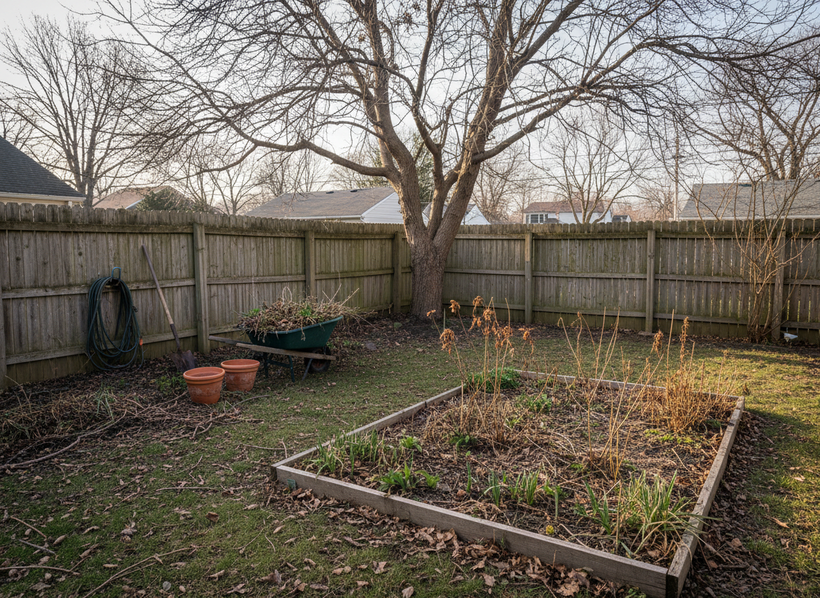 Overgrown yard showing buildup needing seasonal reset