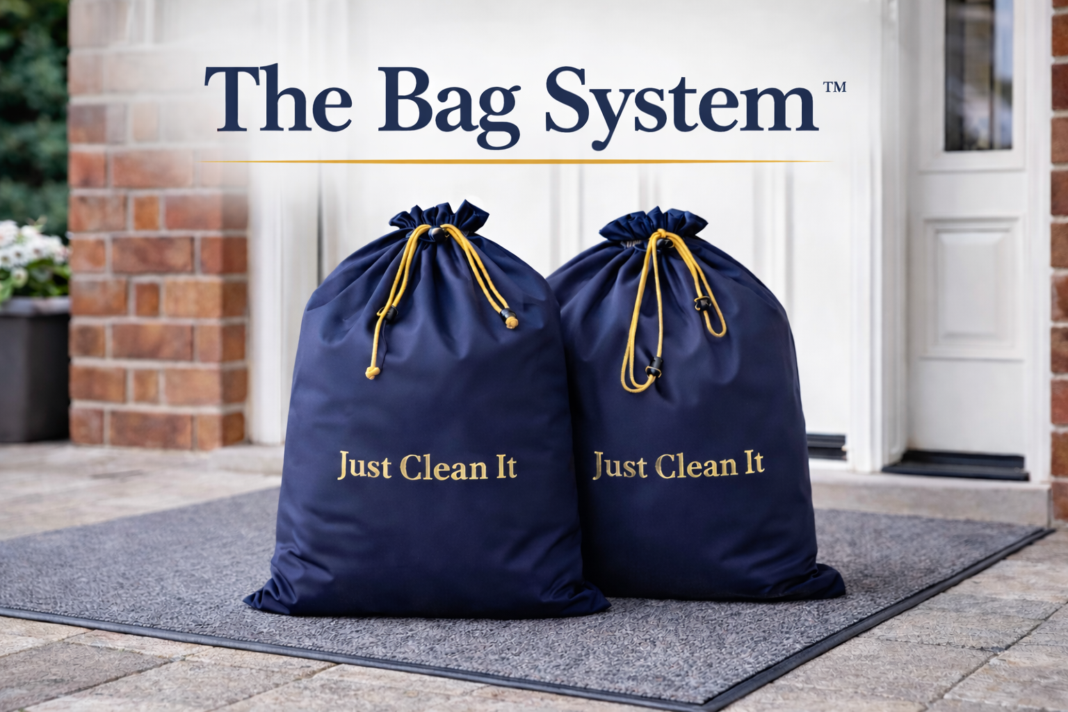 The Bag System laundry bags with Just Clean It branding at front door