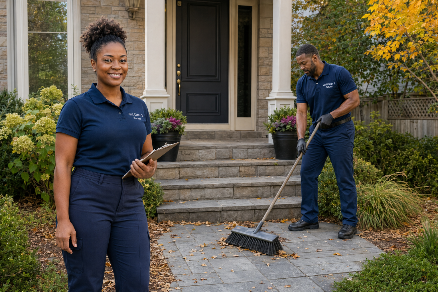Just Clean It Partner collecting leaves and seasonal debris at a Toronto property