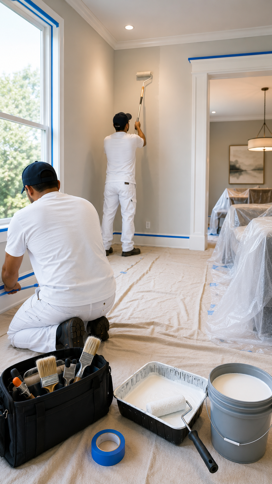 Professional in-house painting team preparing a residential space