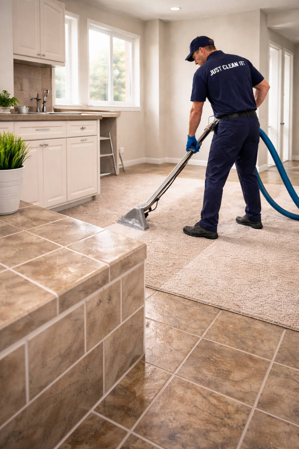 Employee-based partner delivering move-in ready restoration including carpet cleaning, tile and grout cleaning, re-caulking, and finish-level reset work