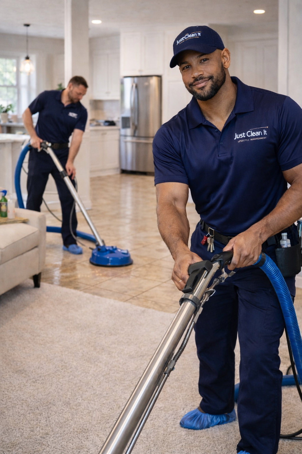 Just Clean It pros delivering carpet and floor care