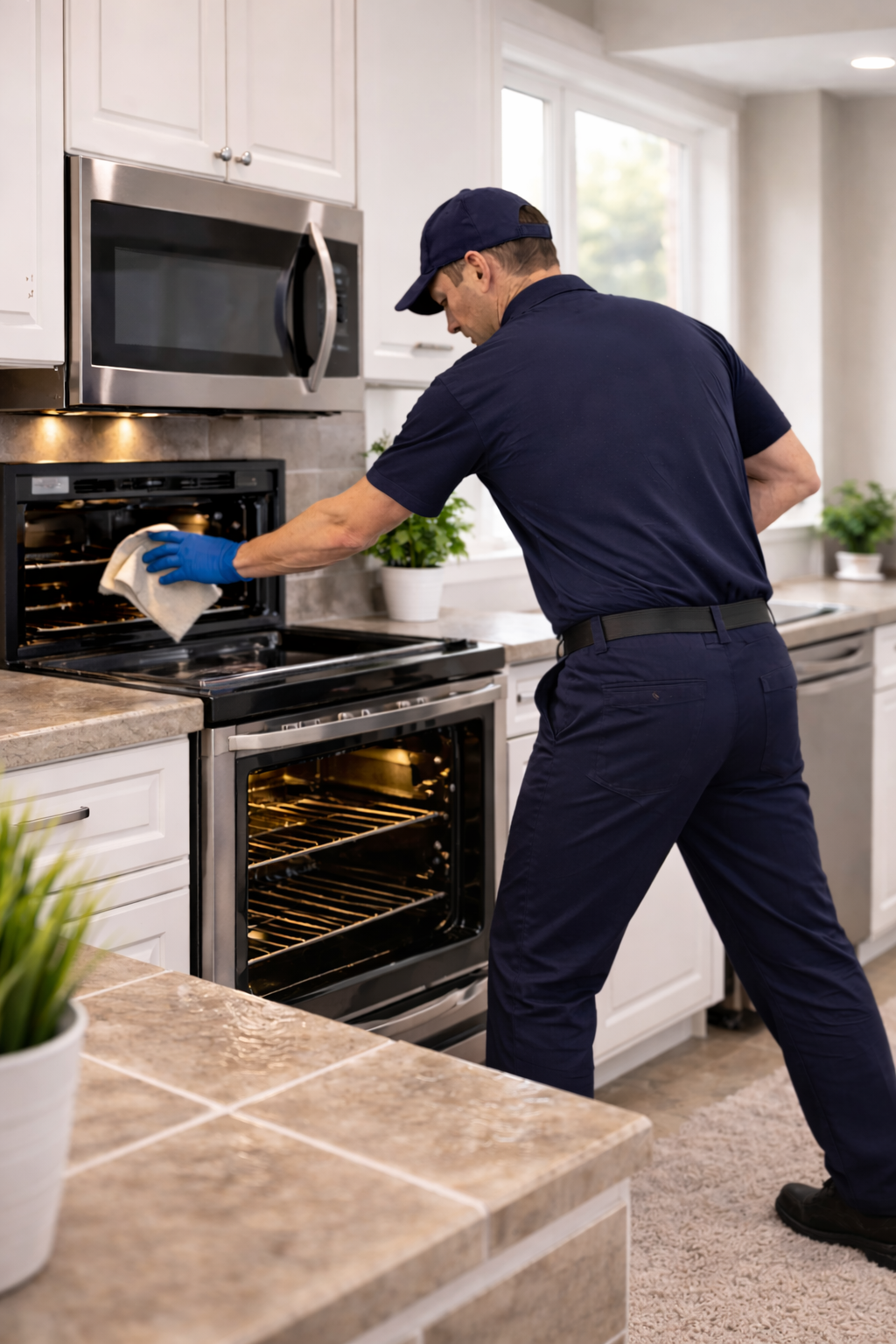 Employee-based partner performing kitchen and bathroom move-in reset with appliance, cabinet, tile, and fixture detailing