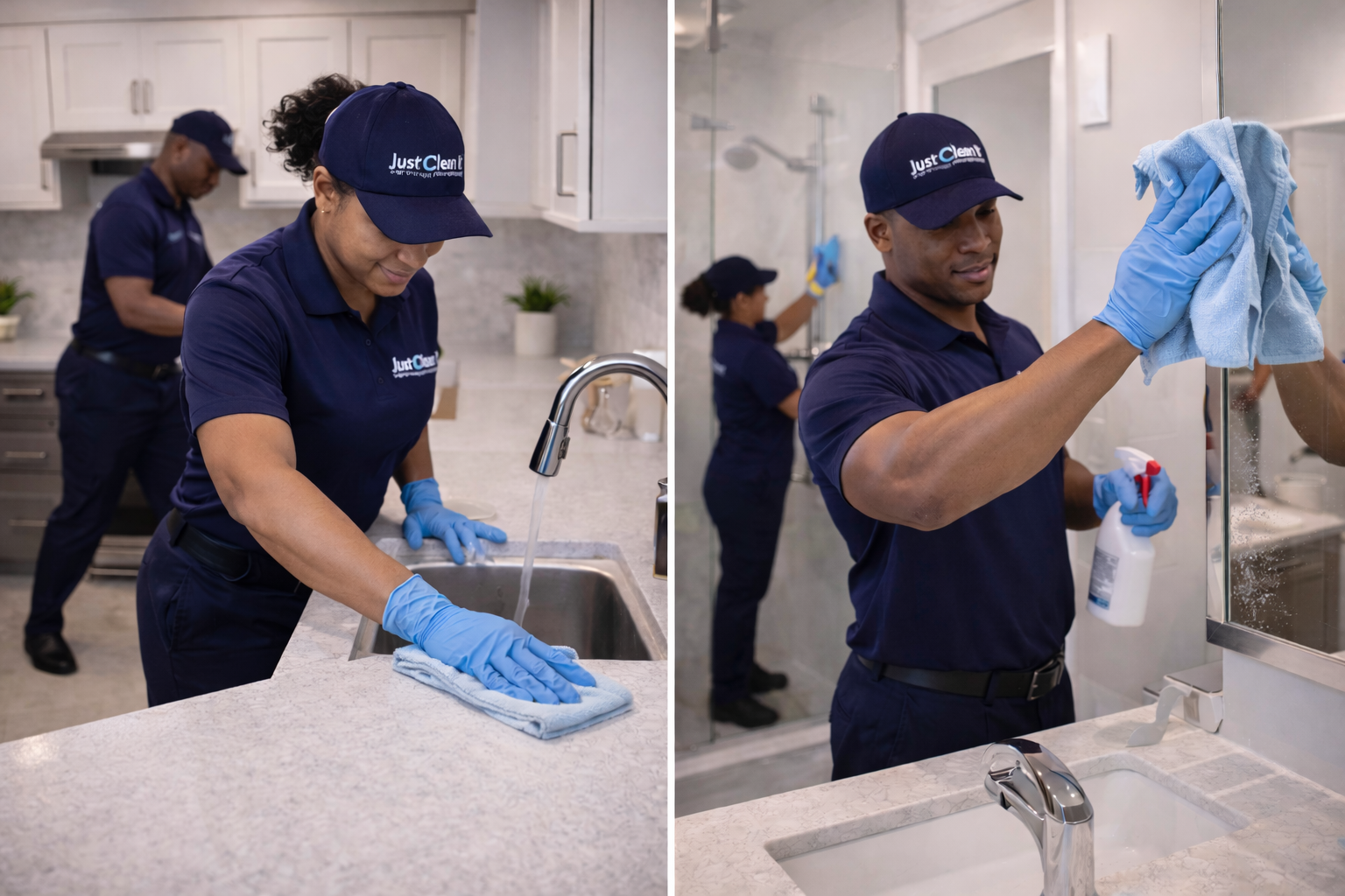 Just Clean It team cleaning kitchen and bathroom in Toronto