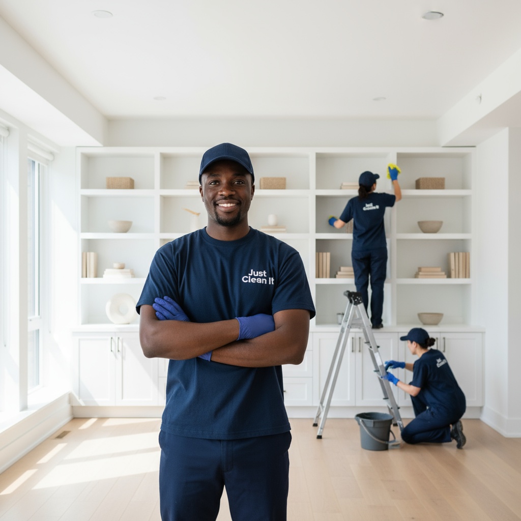Just Clean It Odour Remediation & Pest Preparation – Friendly Black male pro, team in background, modern home