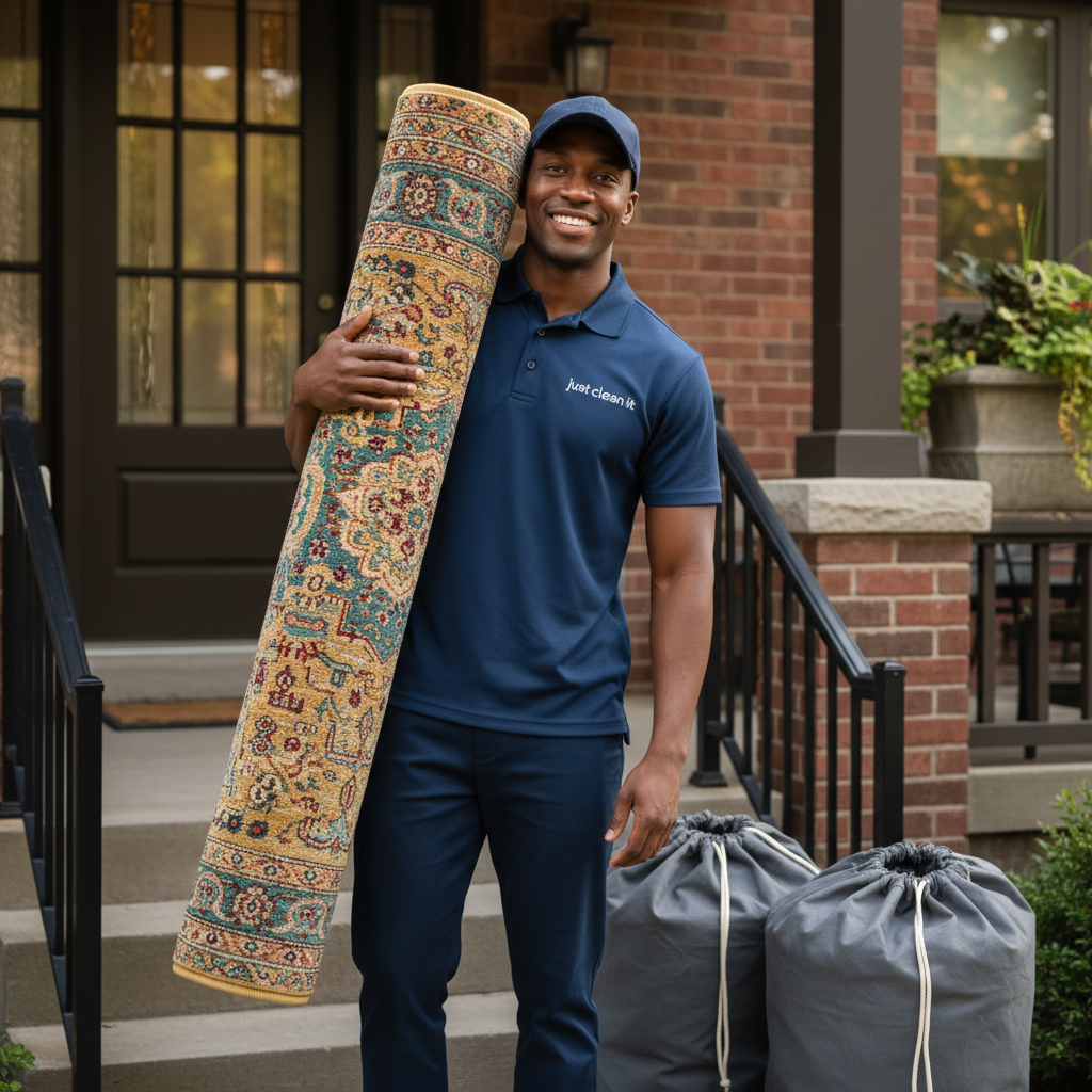 Just Clean It professional in navy uniform holding a colorful vertical rug and standing beside full laundry bags on a client's front porch
