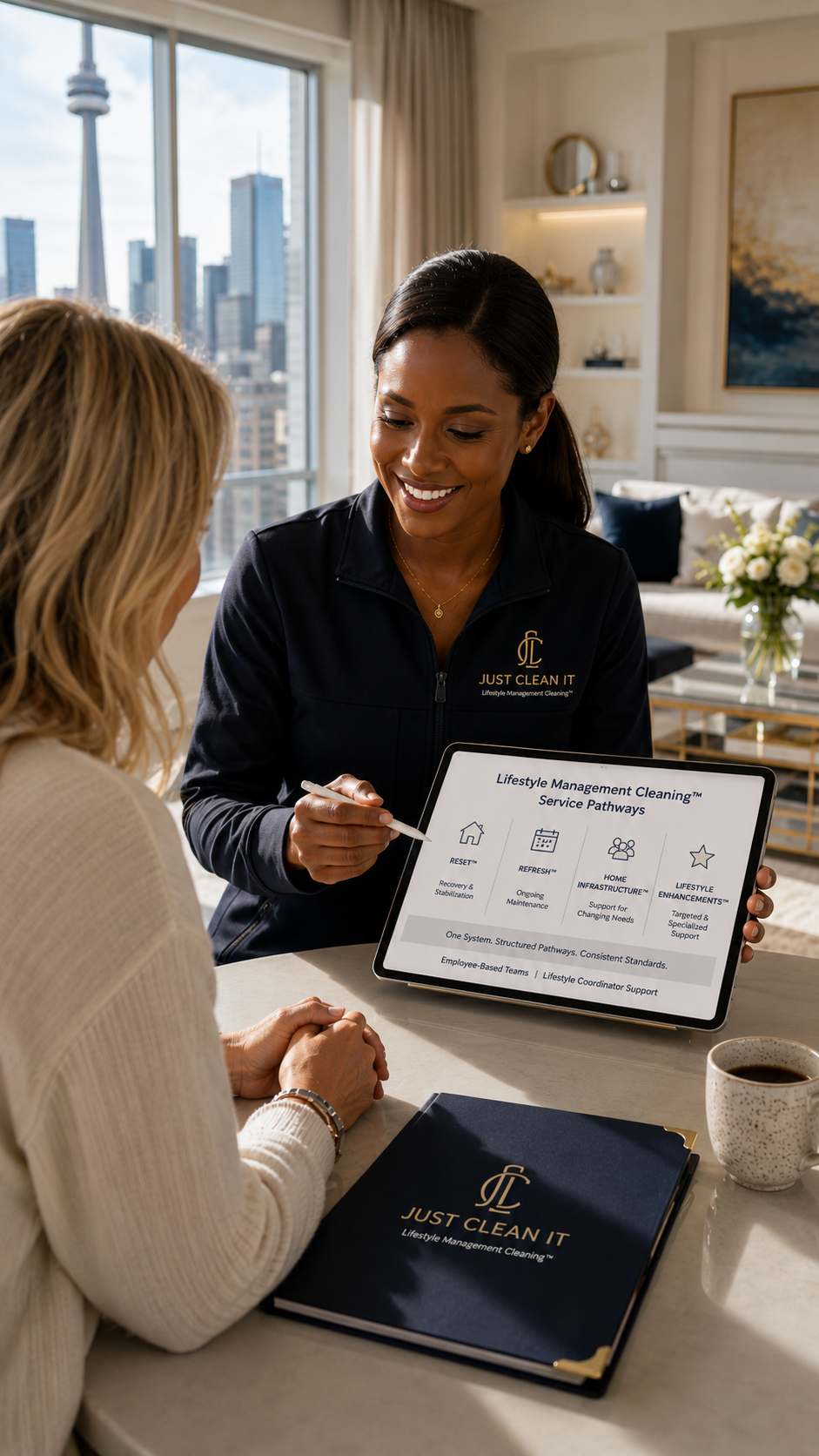 Lifestyle Coordinator discussing structured home support pathways with a homeowner inside a bright Toronto home