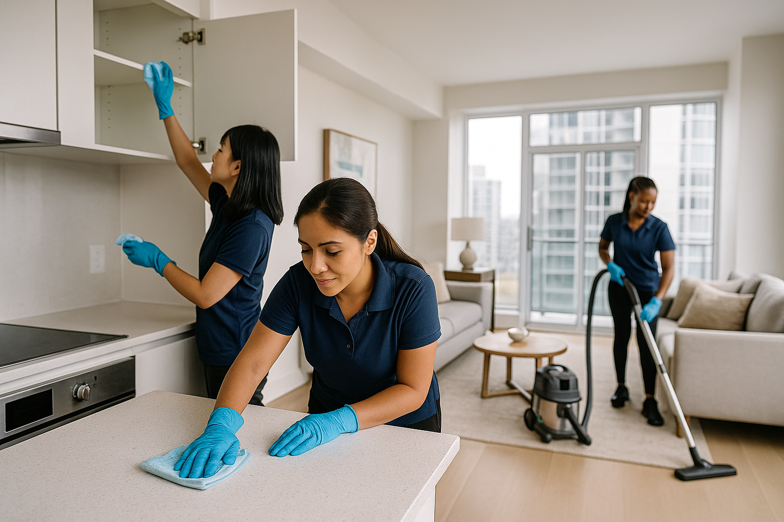 Diverse professional cleaning team performing premium move-in and move-out transformation service