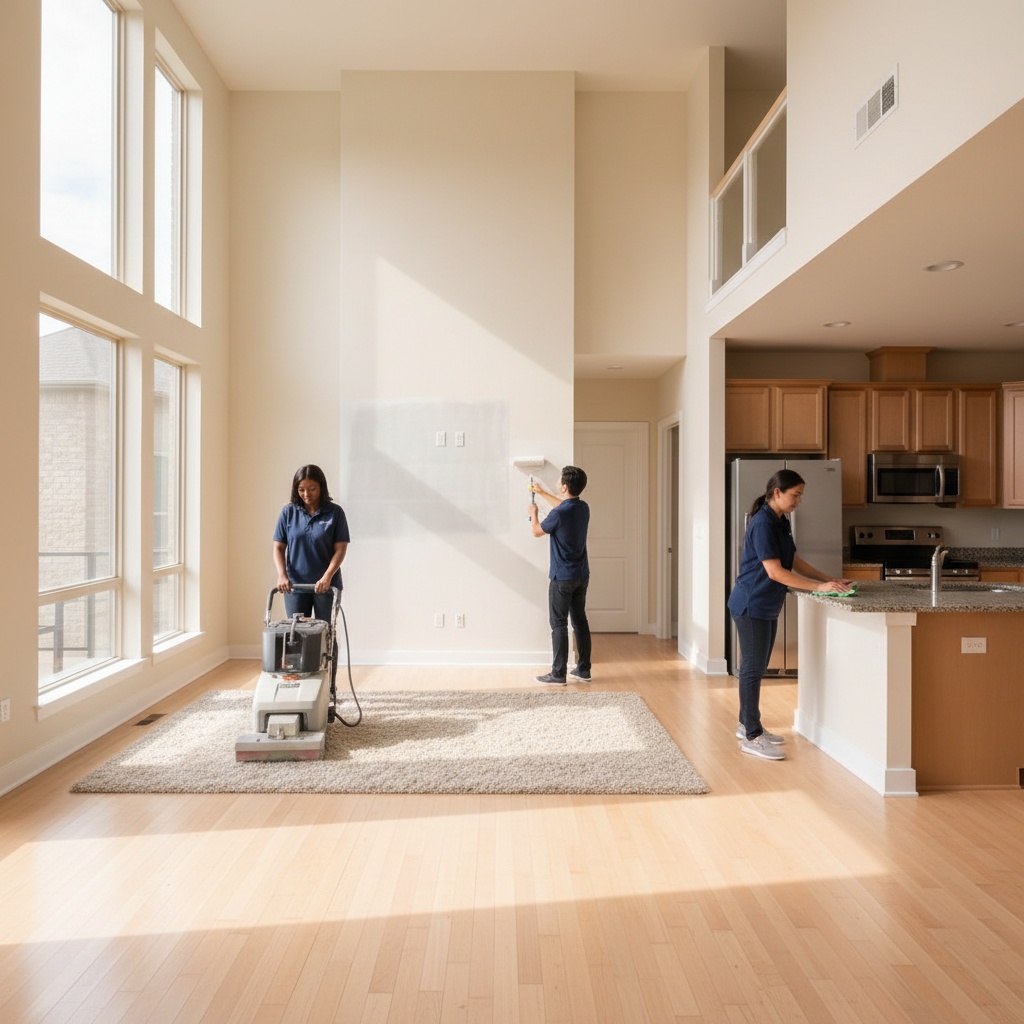 Professional move-in cleaning team with carpet cleaning, painting, and kitchen cleaning