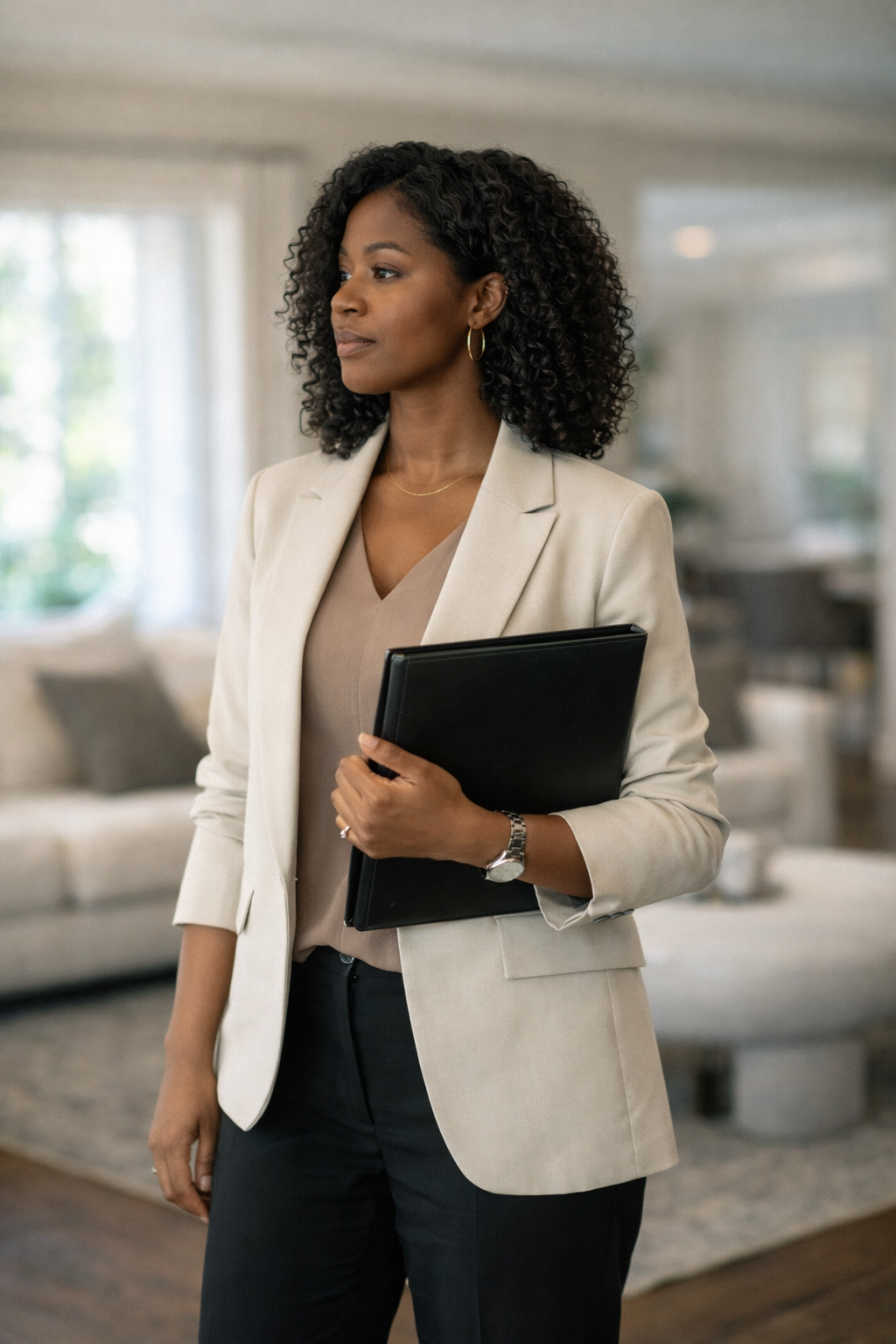 Professional woman in cream blazer holding tablet in modern office