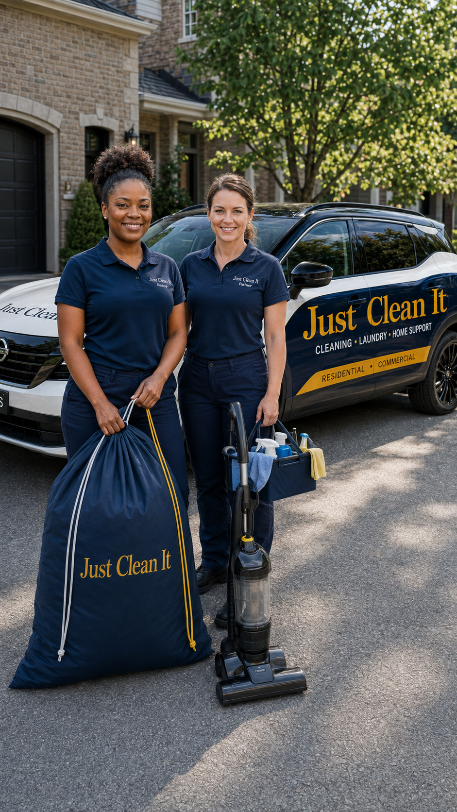 Just Clean It employee-based cleaning team with branded vehicle, laundry bag and professional cleaning equipment