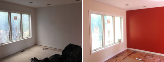 Living room before and after painting with feature wall