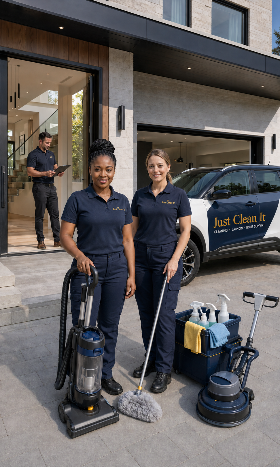 Just Clean It employee-based post-renovation cleaning team with branded vehicle and professional equipment outside a completed Toronto property