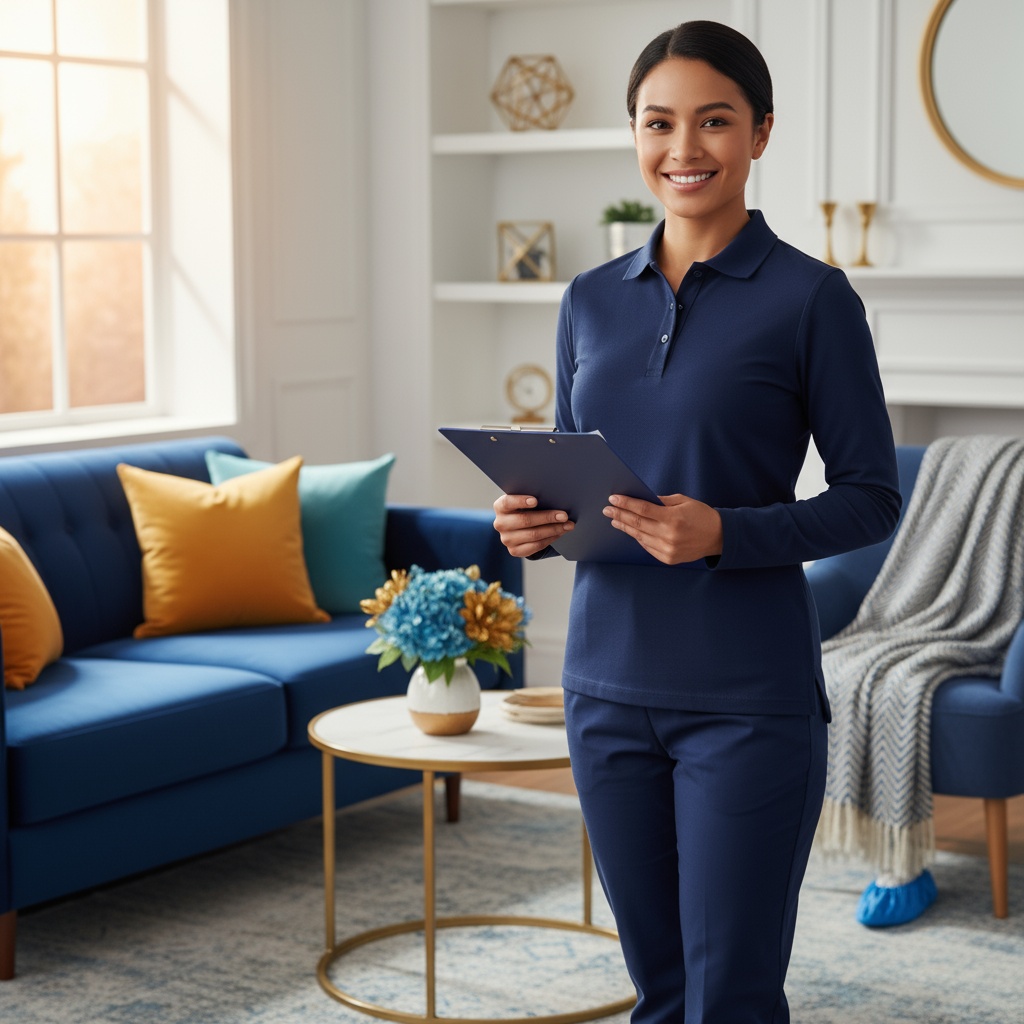 Friendly Just Clean It professional in navy blue uniform with logo on left chest, holding clipboard in vibrant living room