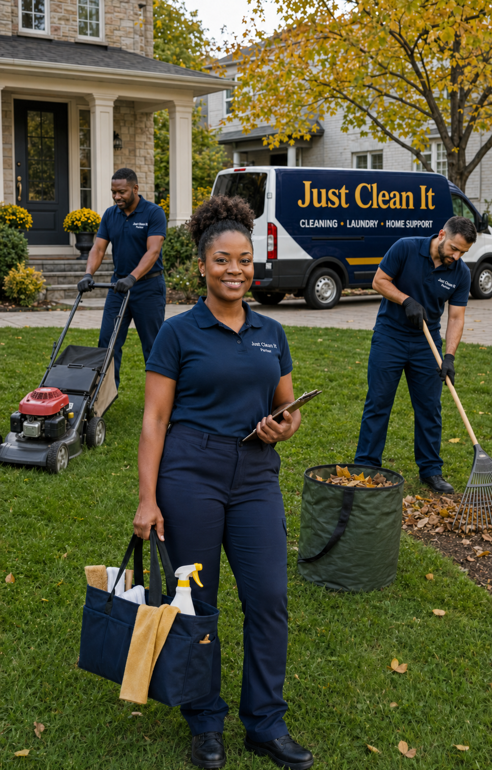 Just Clean It employee-based Seasonal Property Care team providing lawn cleanup, seasonal debris removal and outdoor property support at a Toronto home