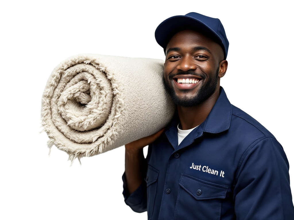 Just Clean It team member smiling with a rolled rug