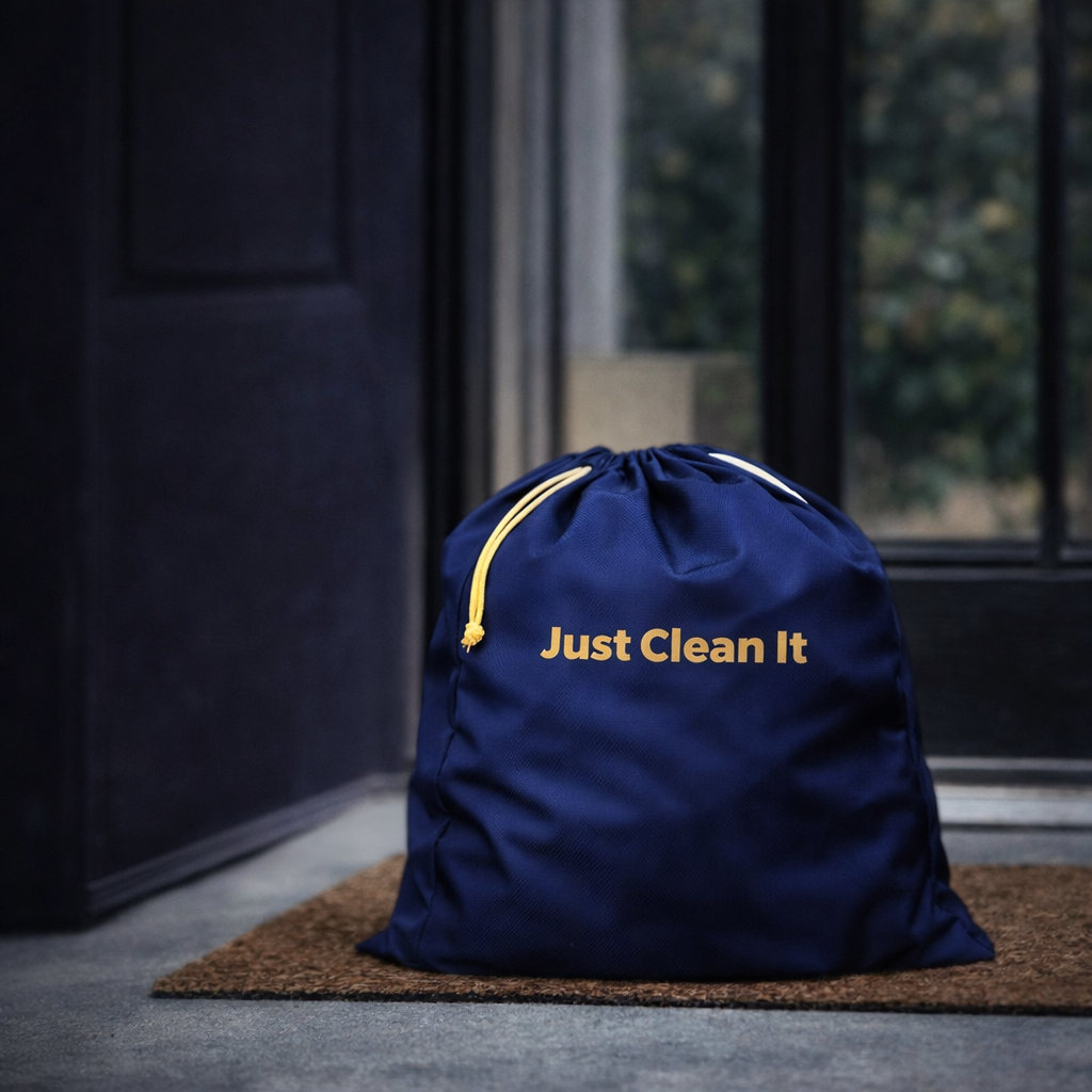 Just Clean It laundry bag at front door ready for pickup