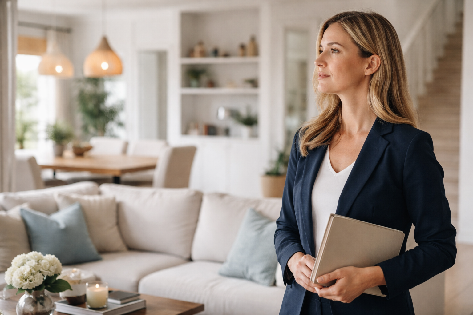 Lifestyle management professional thoughtfully observing a home environment