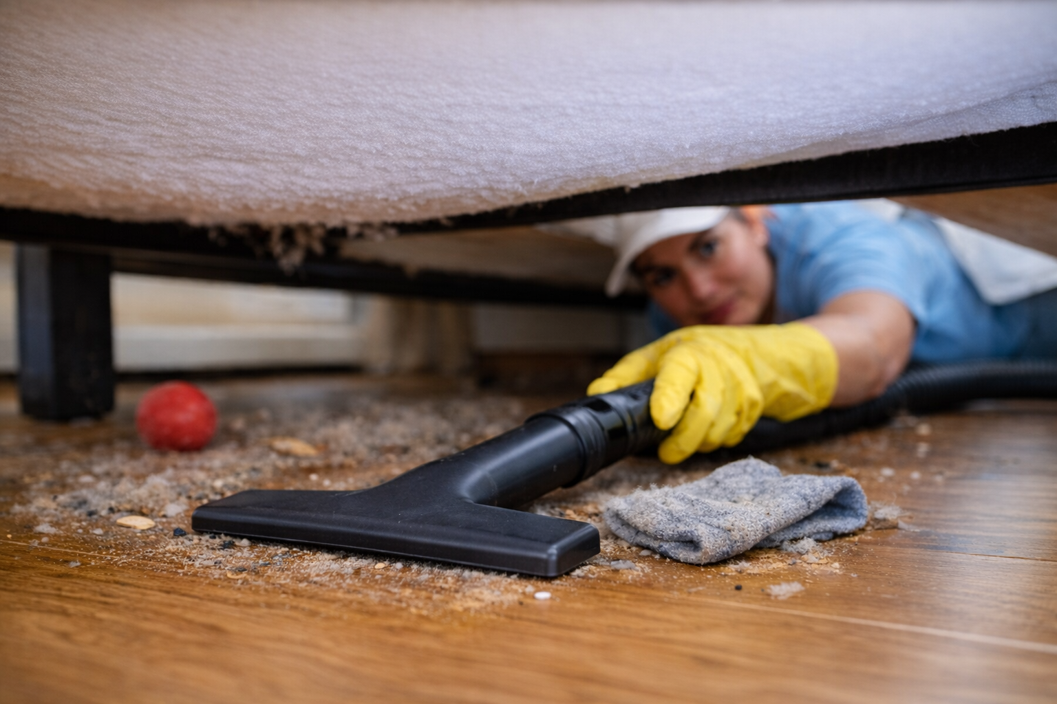 Detailed cleaning underneath an accessible bed