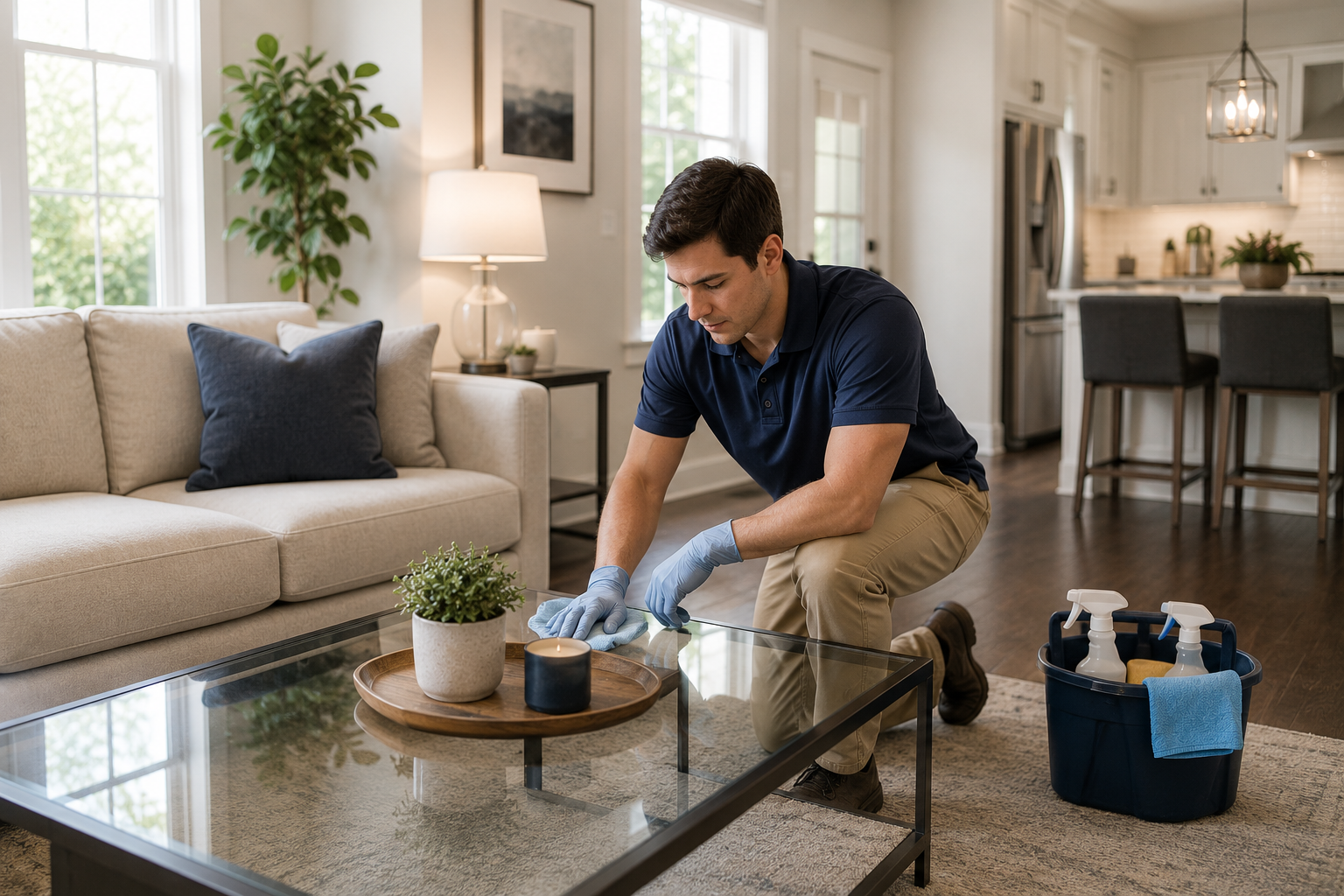 Professional cleaner wiping a glass coffee table in a bright living room