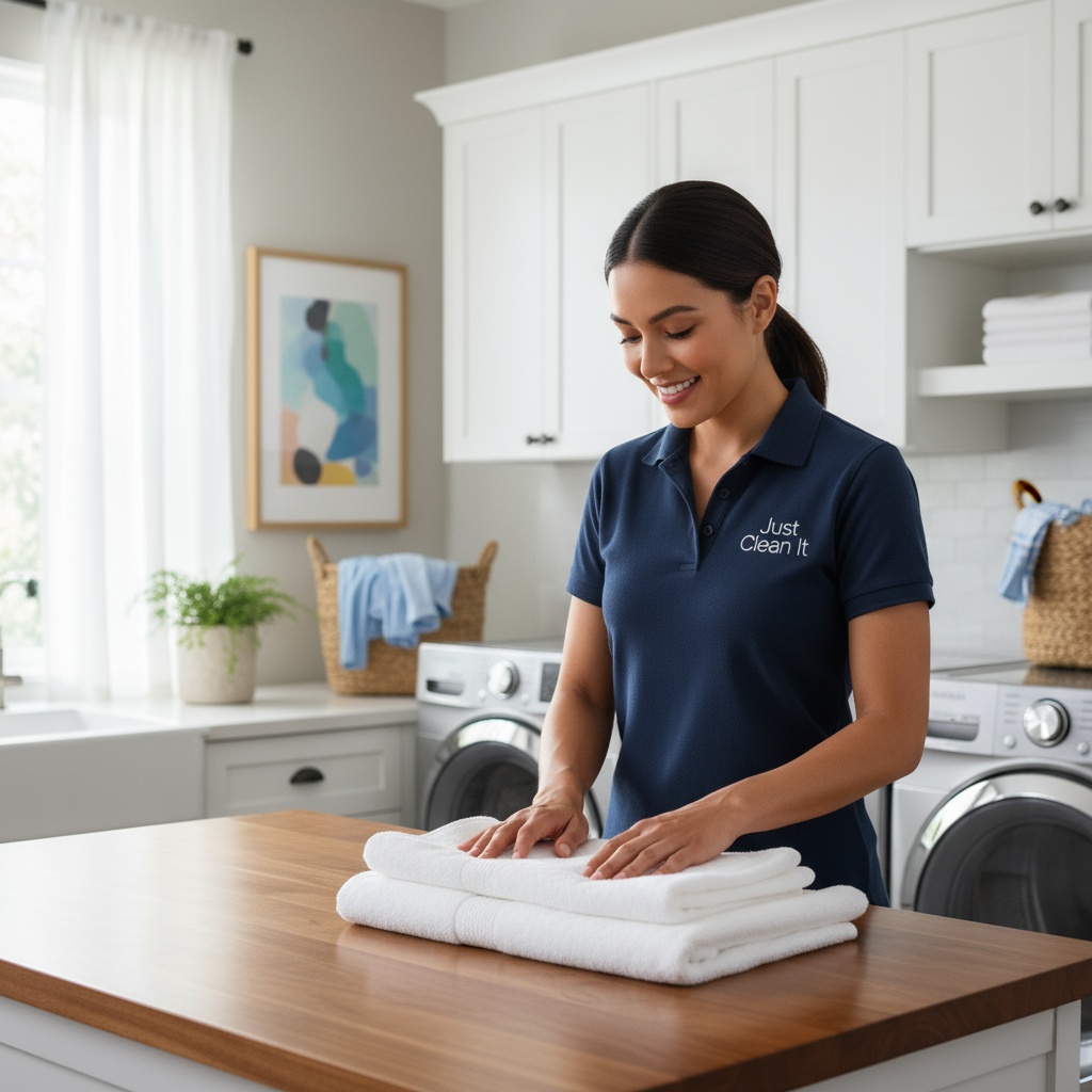 Just Clean It employee doing in-home laundry in navy blue uniform