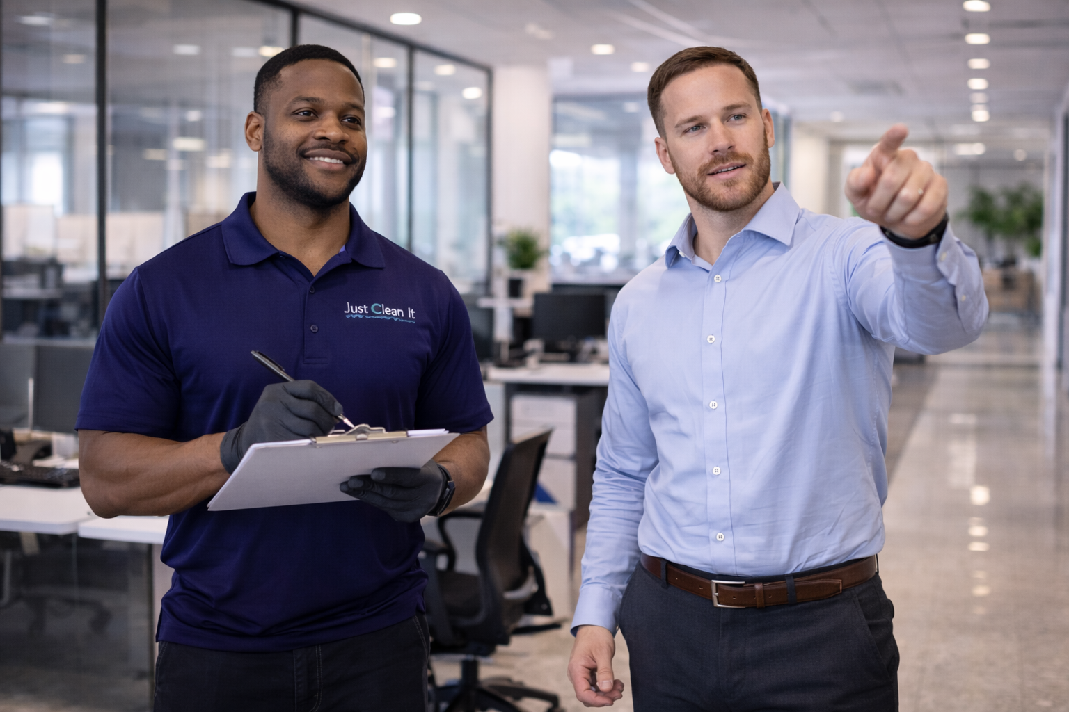 Just Clean It manager consulting with office client