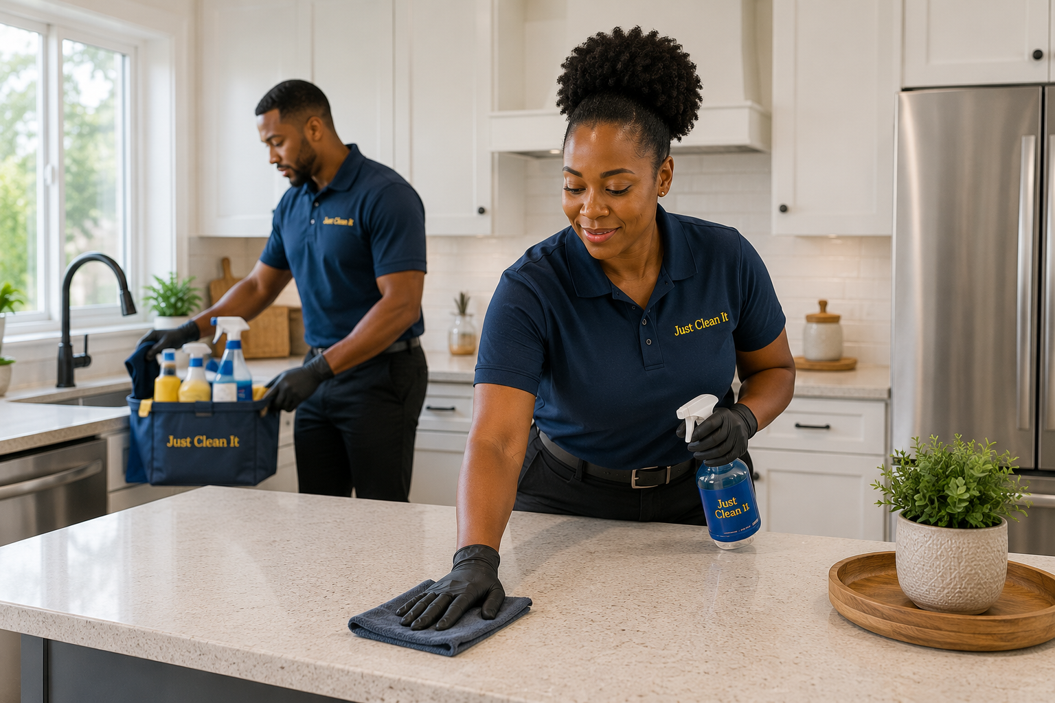 Professional cleaning in a bright kitchen delivered by employee-based teams