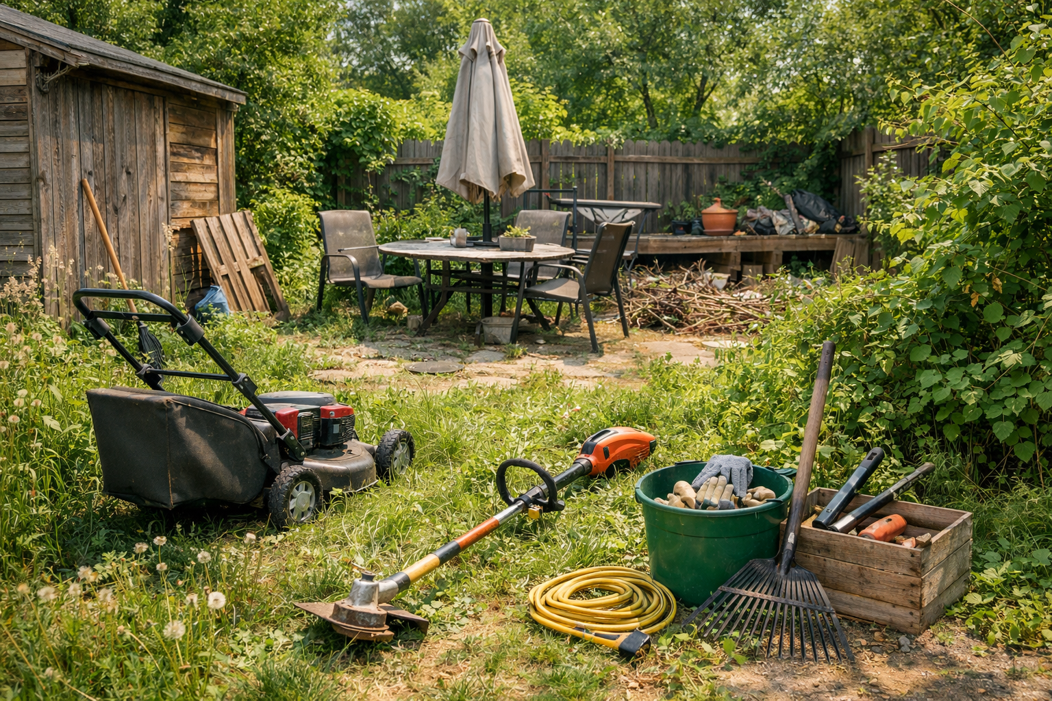 Outdoor property requiring seasonal care with tools and overgrowth in spring and summer