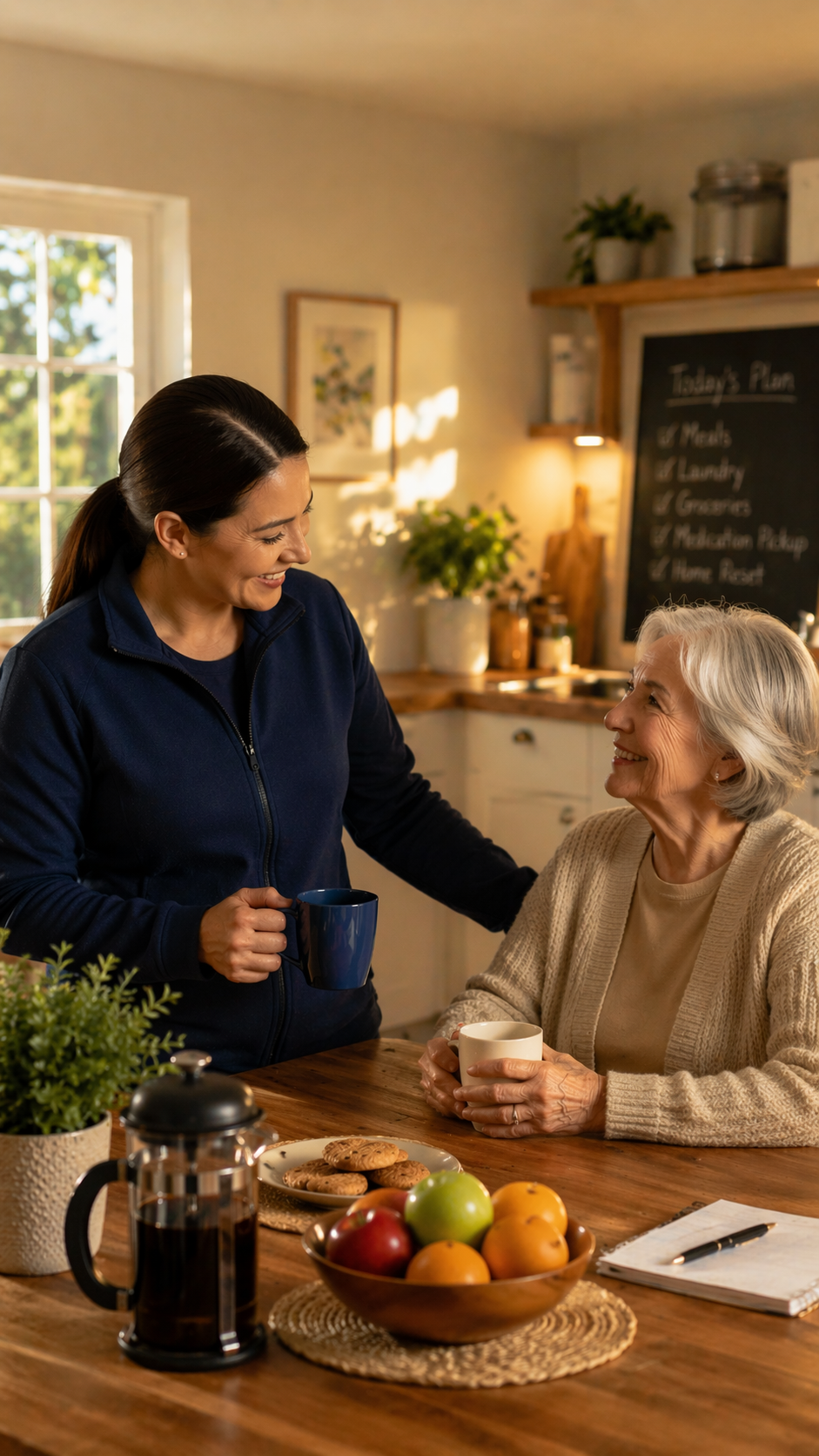 Caregiver and senior sharing tea and conversation in a warm, well-maintained home environment